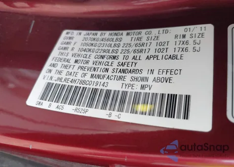 2011 Honda Cr-V Ex-L from USA, damaged, VIN JHLRE4H78BC019143